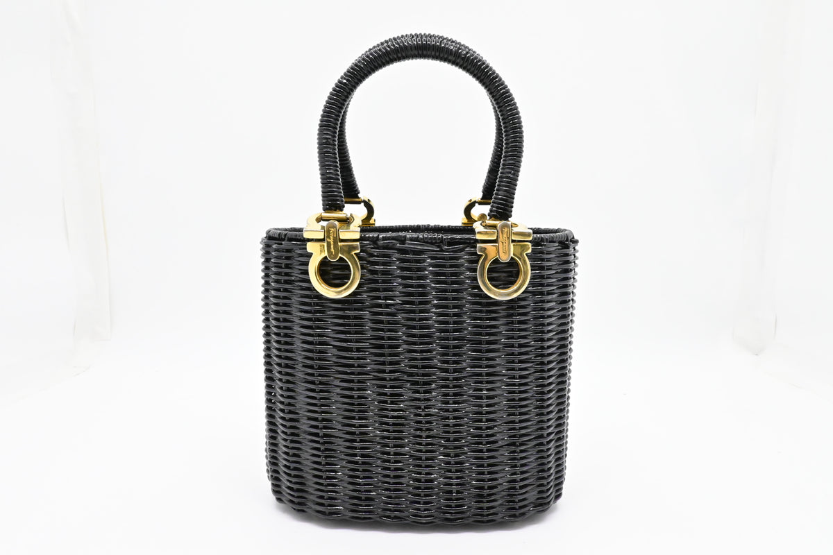 Ferragamo Ratan Gancino Black Wicker Basket Bag