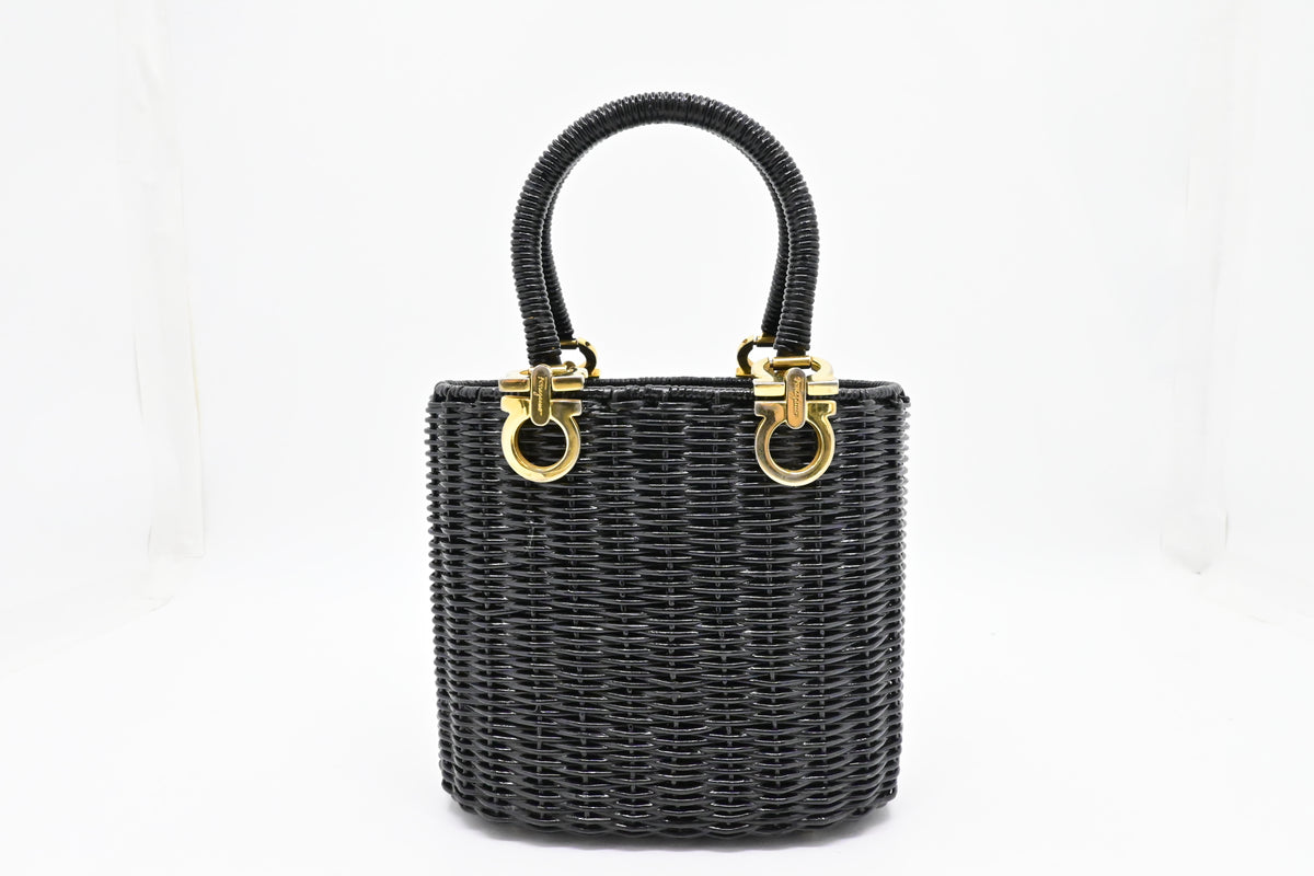 Ferragamo Ratan Gancino Black Wicker Basket Bag