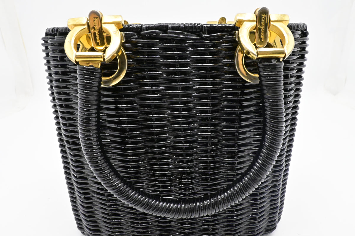 Ferragamo Ratan Gancino Black Wicker Basket Bag