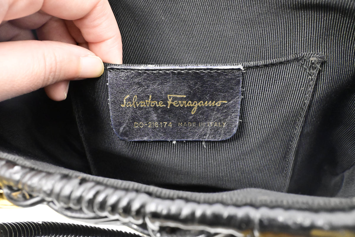 Ferragamo Ratan Gancino Black Wicker Basket Bag