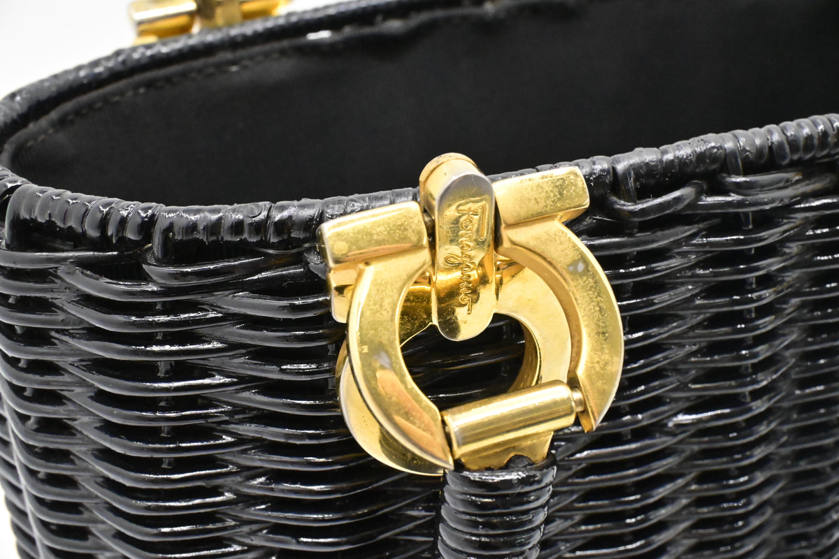 Ferragamo Ratan Gancino Black Wicker Basket Bag
