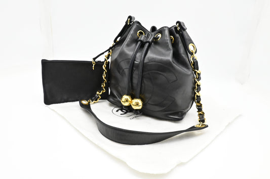 Chanel Drawstring Bucket Bag in Black Leather