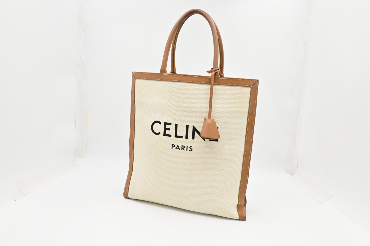 Celine Tote Bag in White Canvas and Brown Leather
