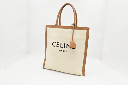 Celine Tote Bag in White Canvas and Brown Leather