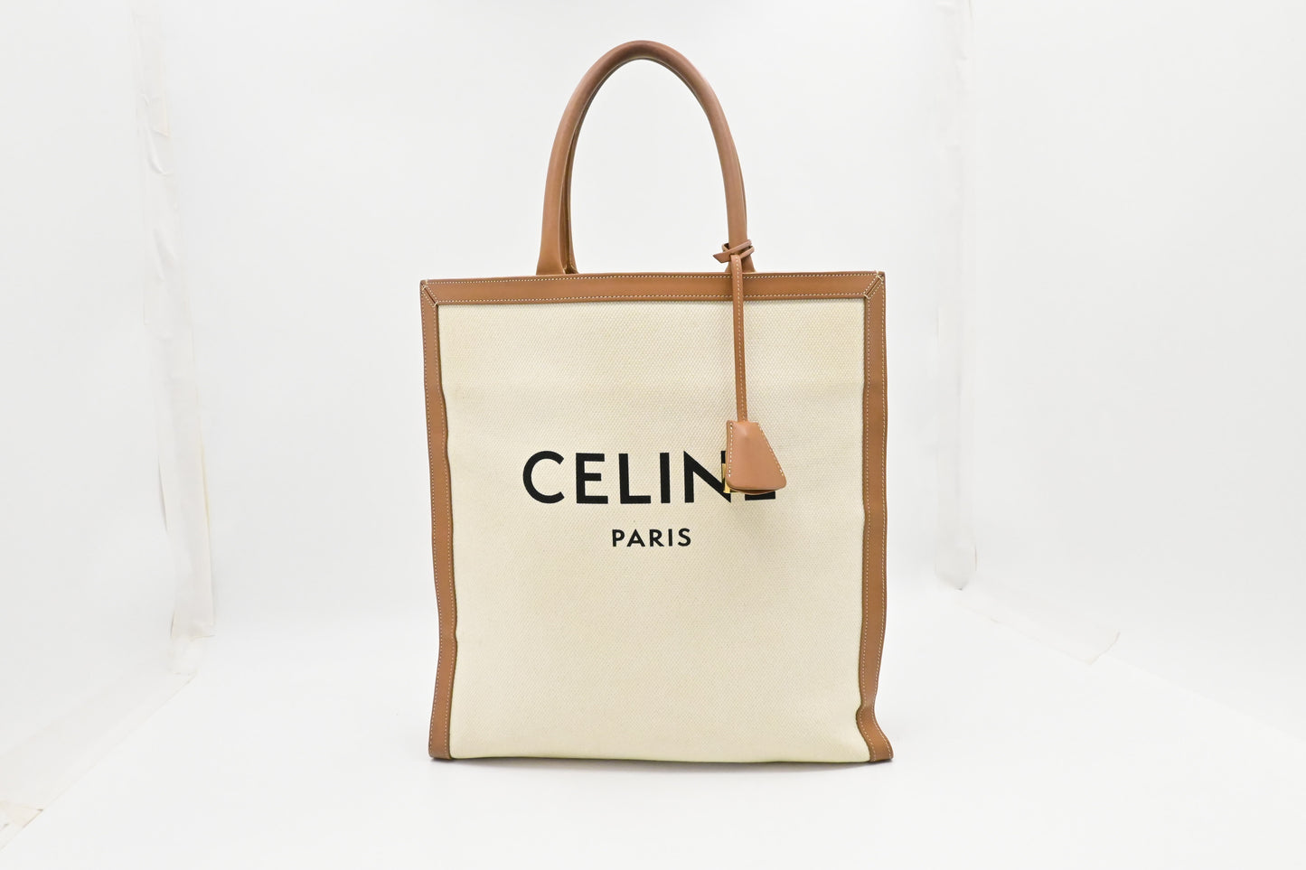 Celine Tote Bag in White Canvas and Brown Leather