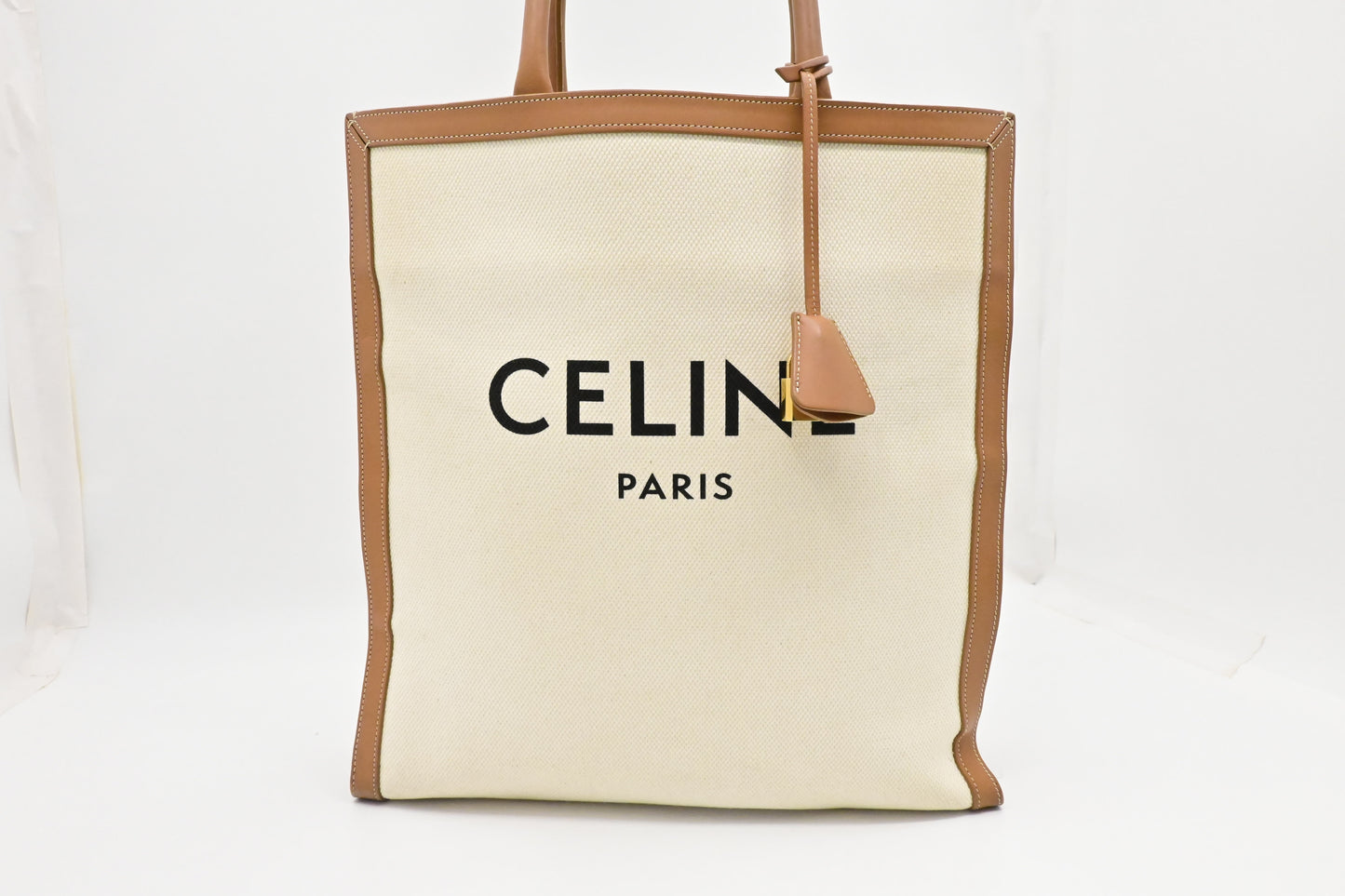 Celine Tote Bag in White Canvas and Brown Leather