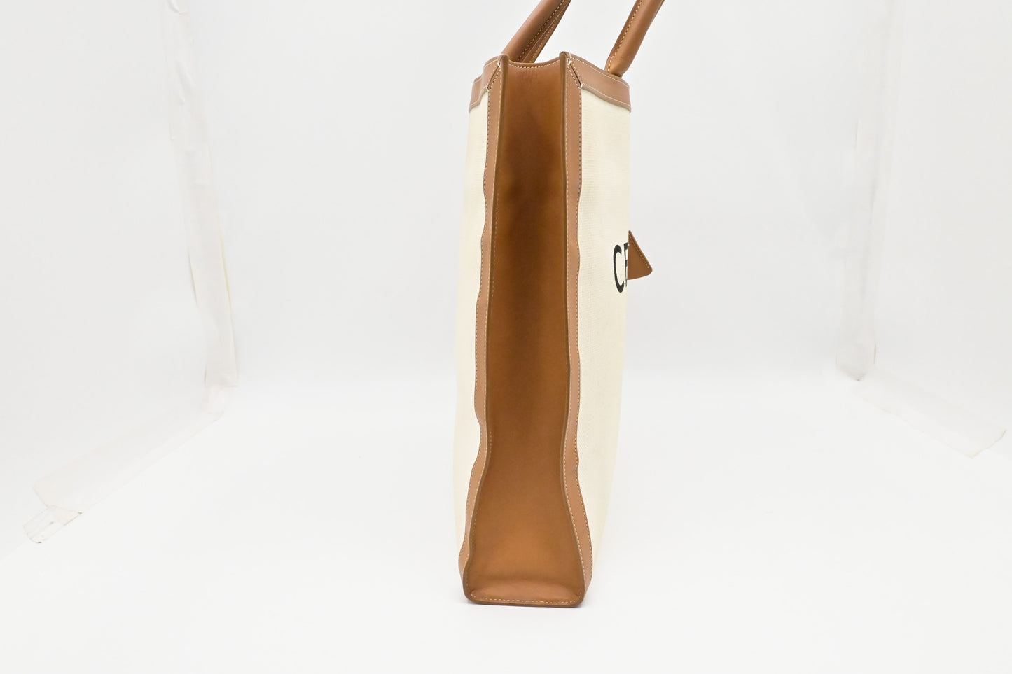 Celine Tote Bag in White Canvas and Brown Leather