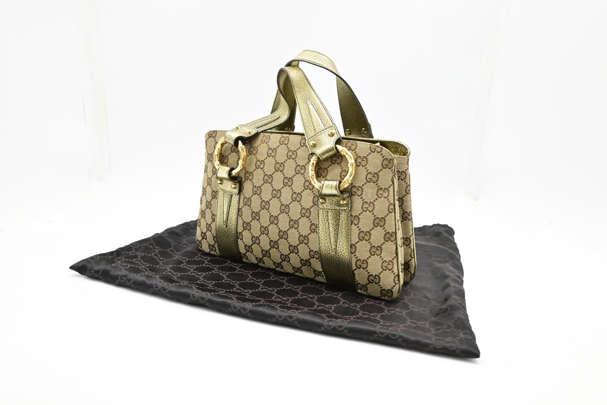 Gucci Handbag in Green Metallic Leather and Beige Canvas