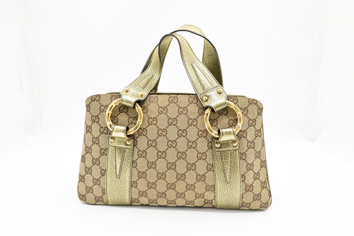 Gucci Handbag in Green Metallic Leather and Beige Canvas