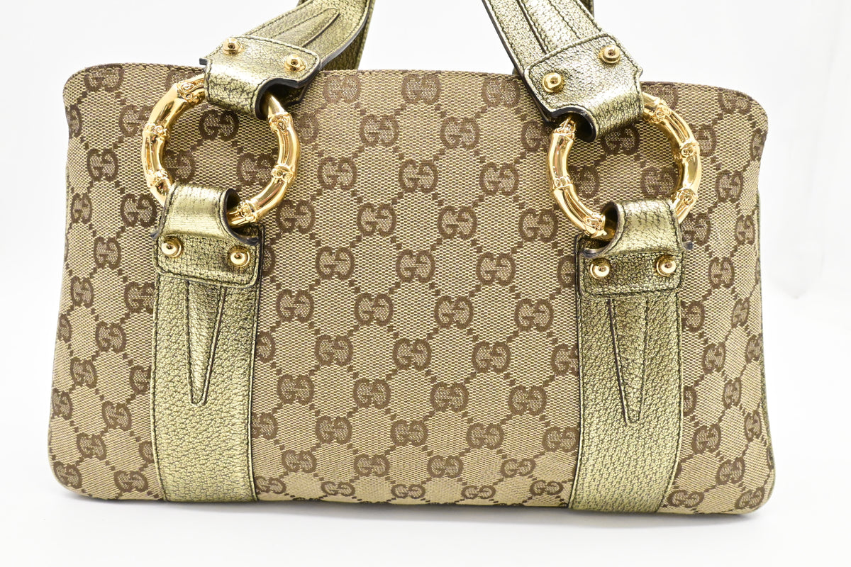 Gucci Handbag in Green Metallic Leather and Beige Canvas