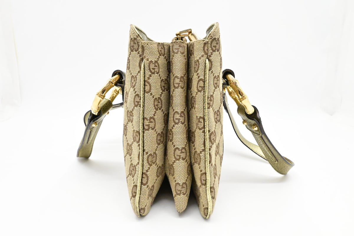 Gucci Handbag in Green Metallic Leather and Beige Canvas