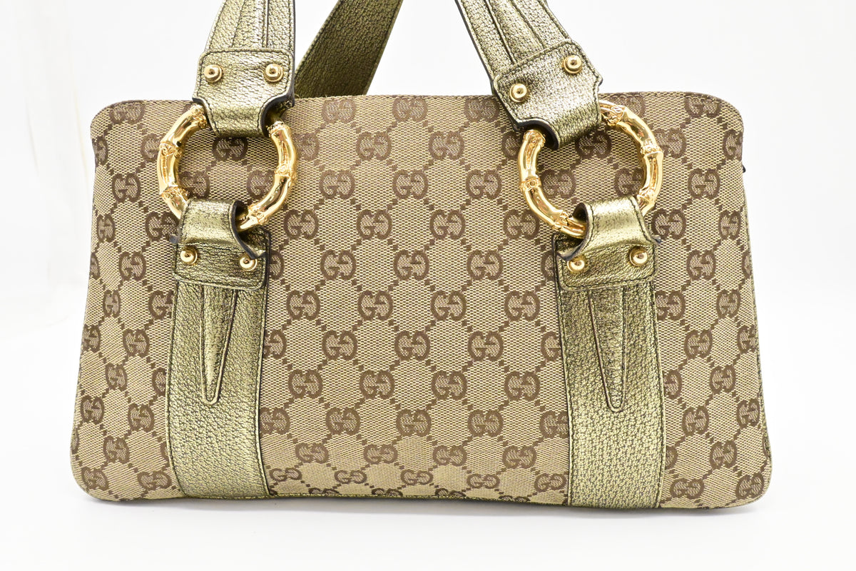 Gucci Handbag in Green Metallic Leather and Beige Canvas