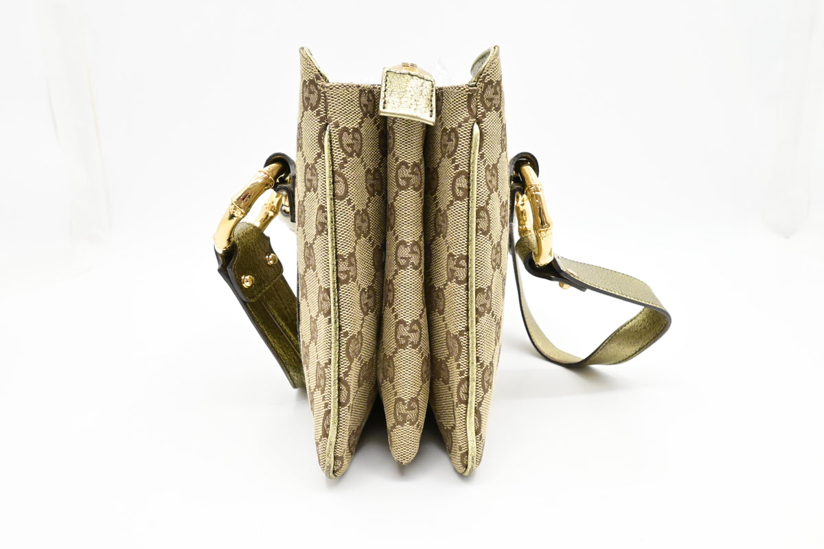 Gucci Handbag in Green Metallic Leather and Beige Canvas