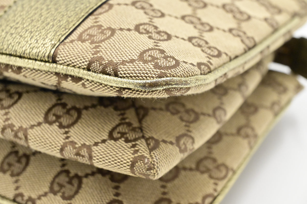 Gucci Handbag in Green Metallic Leather and Beige Canvas