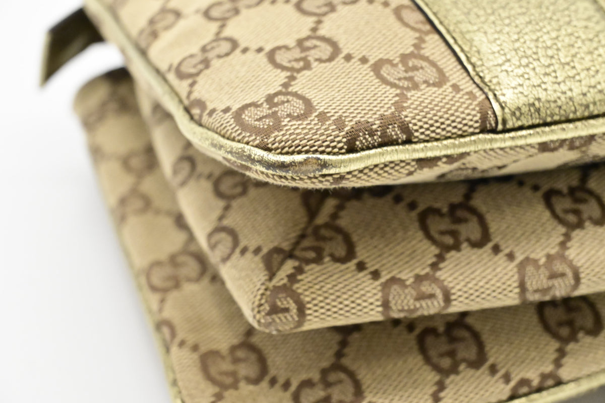 Gucci Handbag in Green Metallic Leather and Beige Canvas