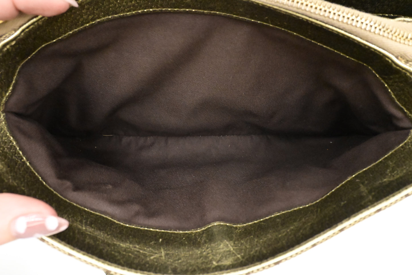 Gucci Handbag in Green Metallic Leather and Beige Canvas