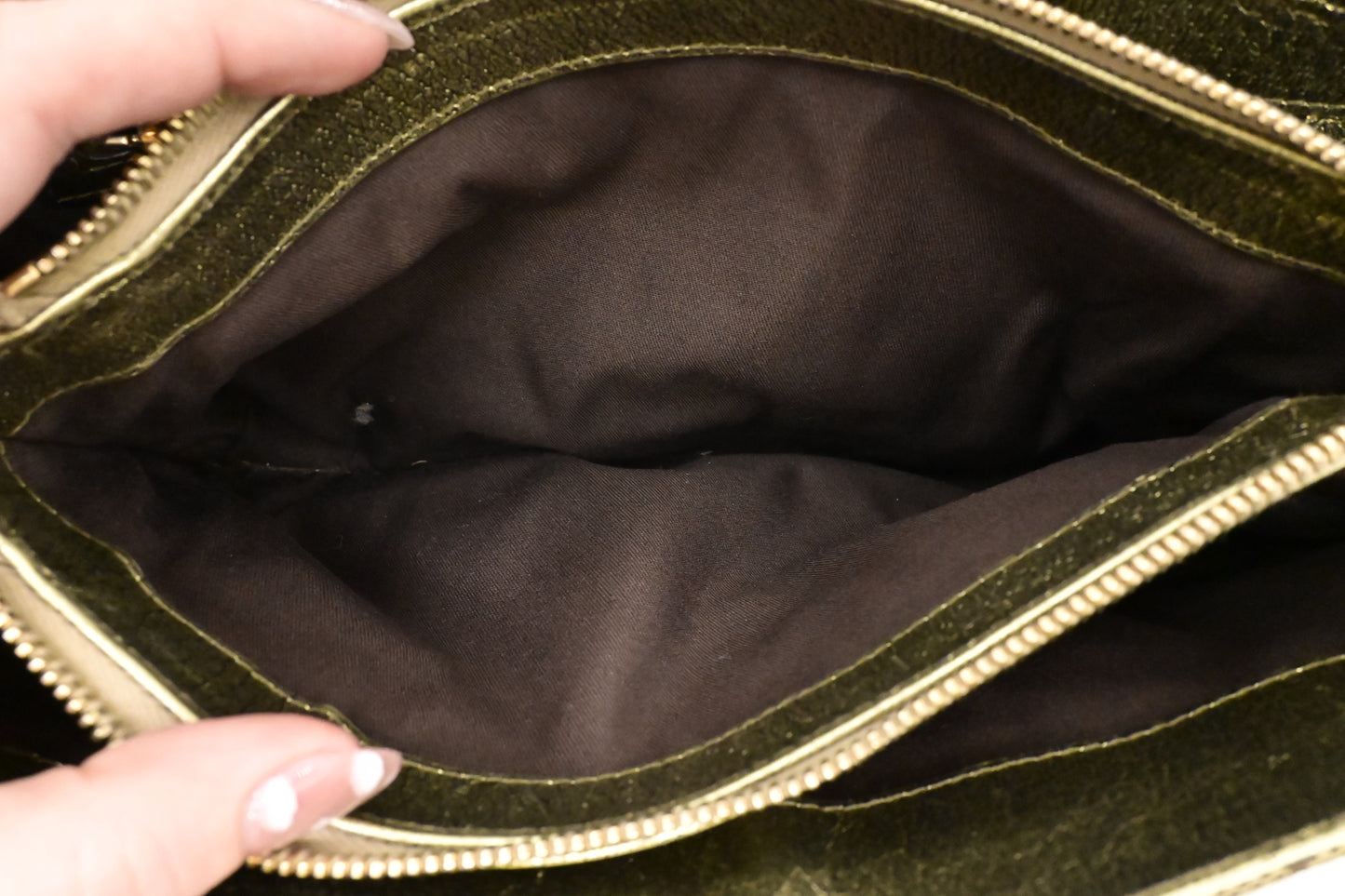 Gucci Handbag in Green Metallic Leather and Beige Canvas