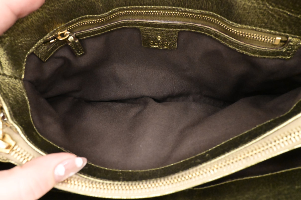 Gucci Handbag in Green Metallic Leather and Beige Canvas