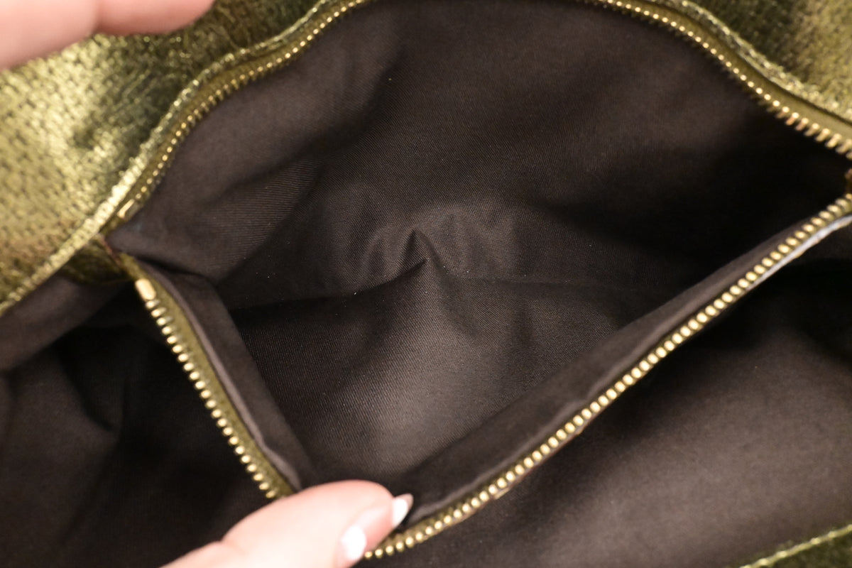Gucci Handbag in Green Metallic Leather and Beige Canvas