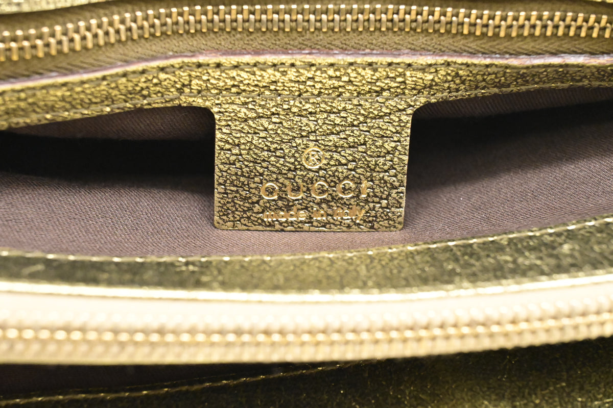Gucci Handbag in Green Metallic Leather and Beige Canvas