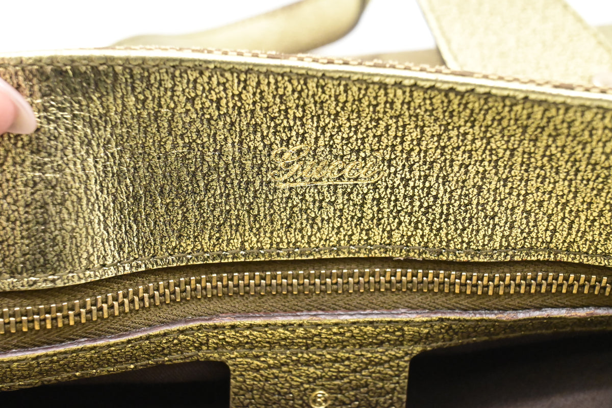 Gucci Handbag in Green Metallic Leather and Beige Canvas