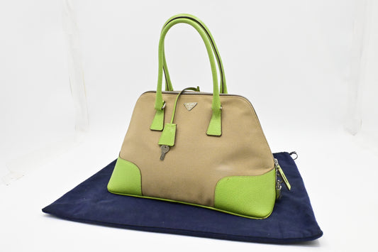 Prada Bowling Bag in Beige Canvas & Green Leather