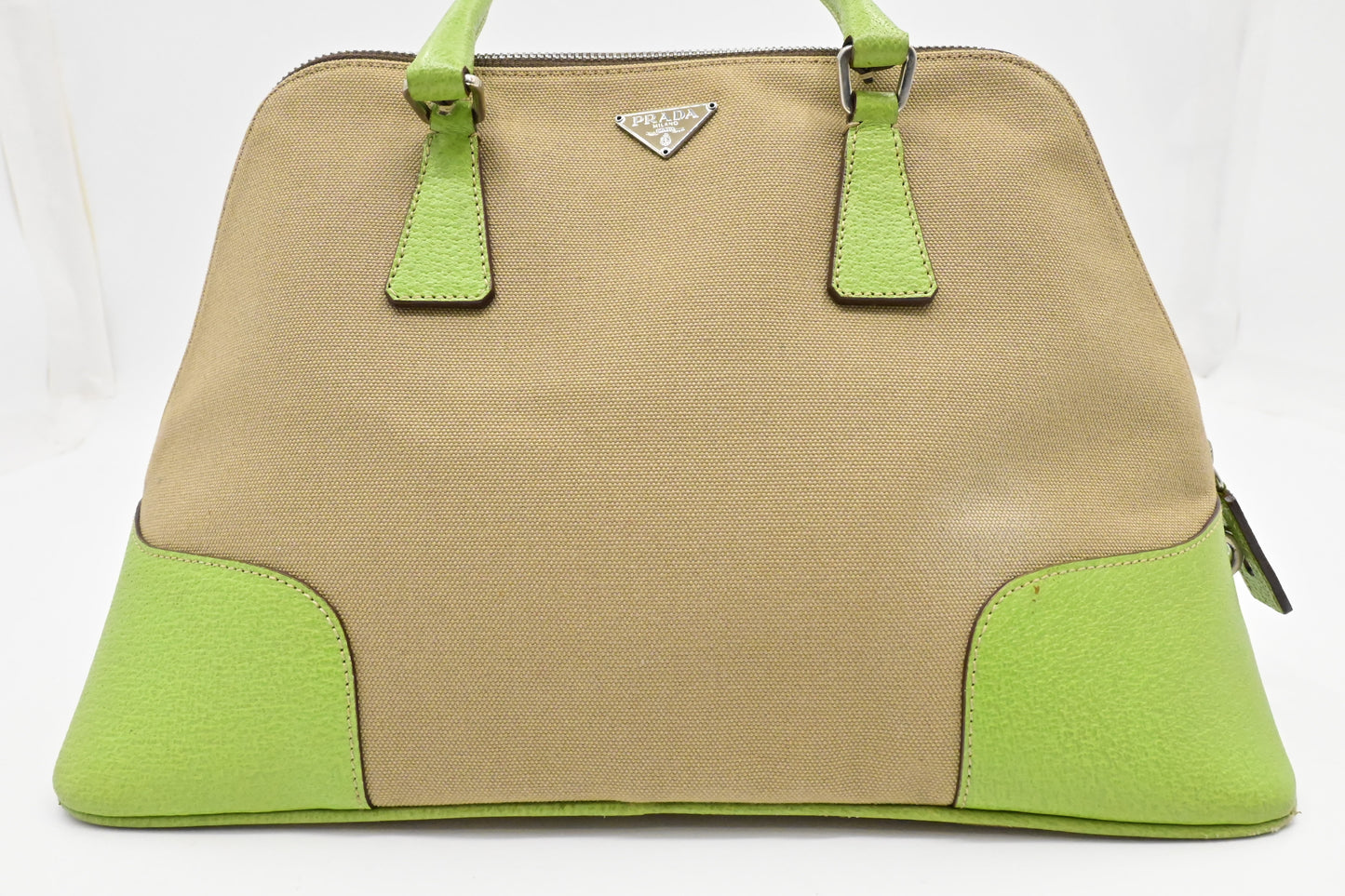Prada Bowling Bag in Beige Canvas & Green Leather
