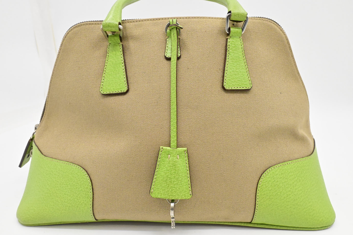 Prada Bowling Bag in Beige Canvas & Green Leather