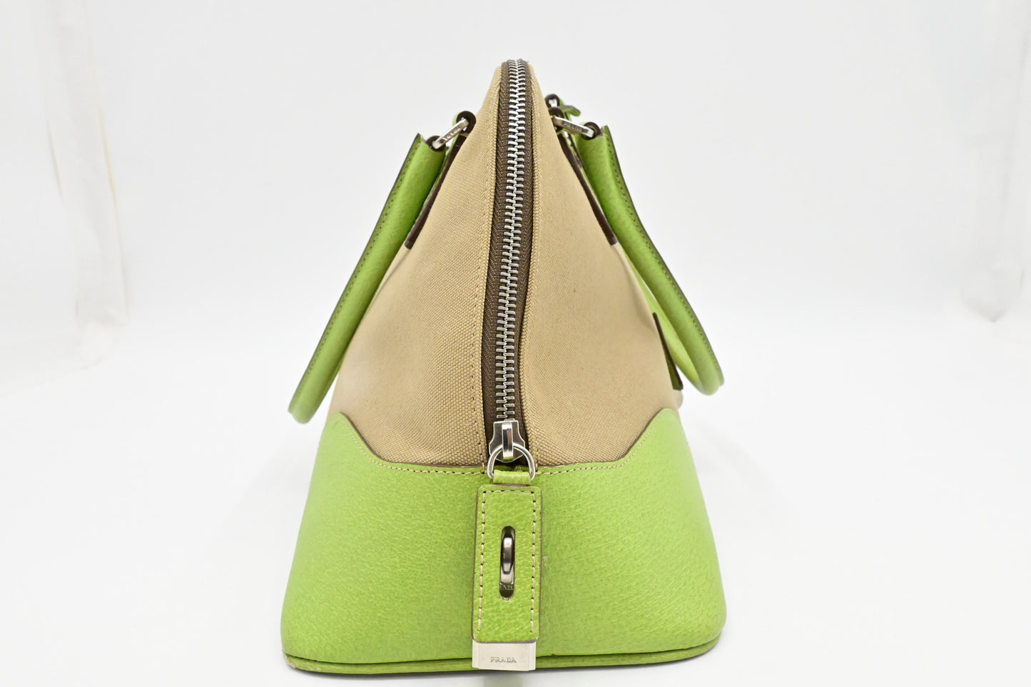 Prada Bowling Bag in Beige Canvas & Green Leather