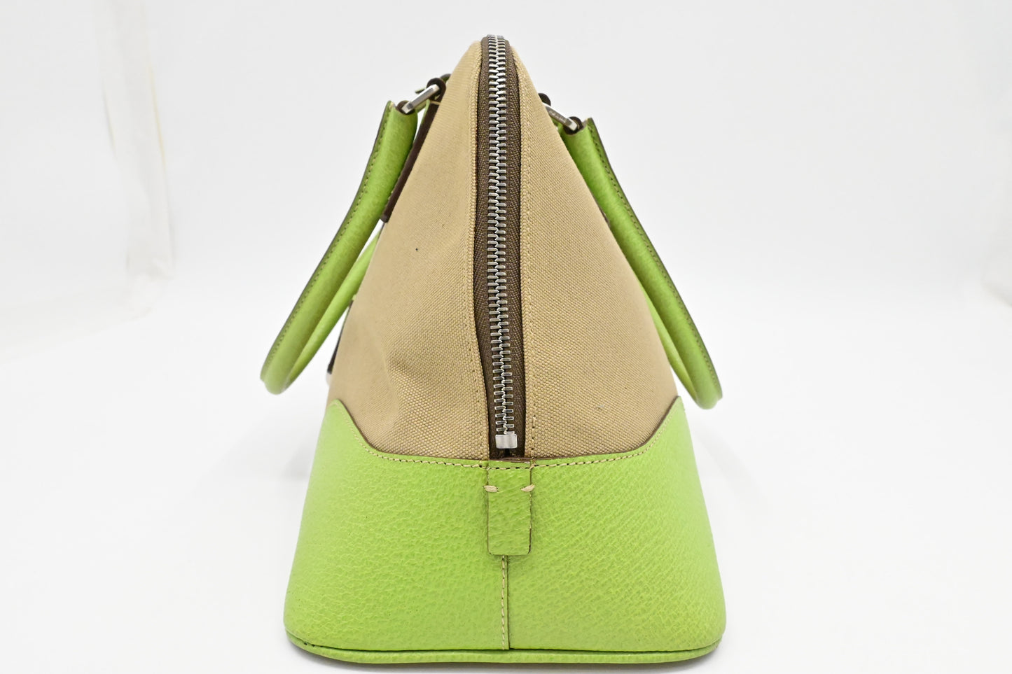 Prada Bowling Bag in Beige Canvas & Green Leather