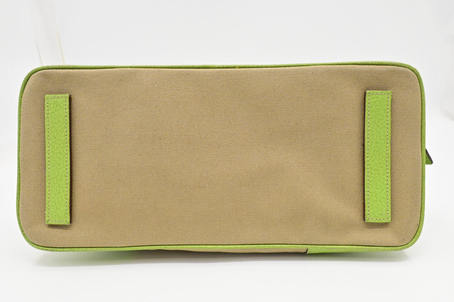 Prada Bowling Bag in Beige Canvas & Green Leather