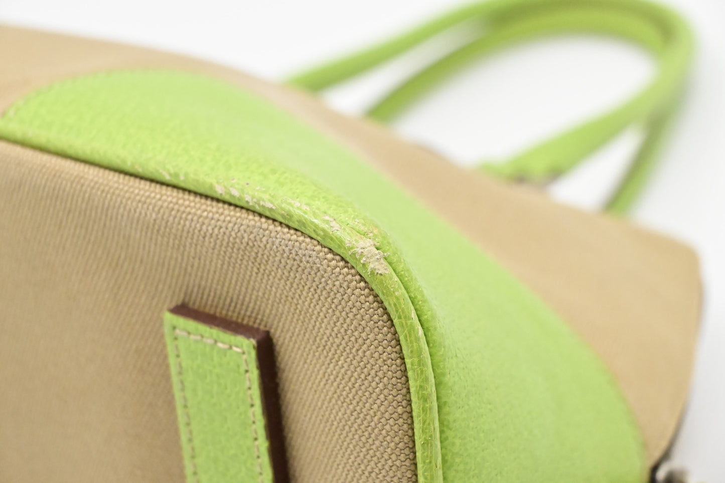 Prada Bowling Bag in Beige Canvas & Green Leather