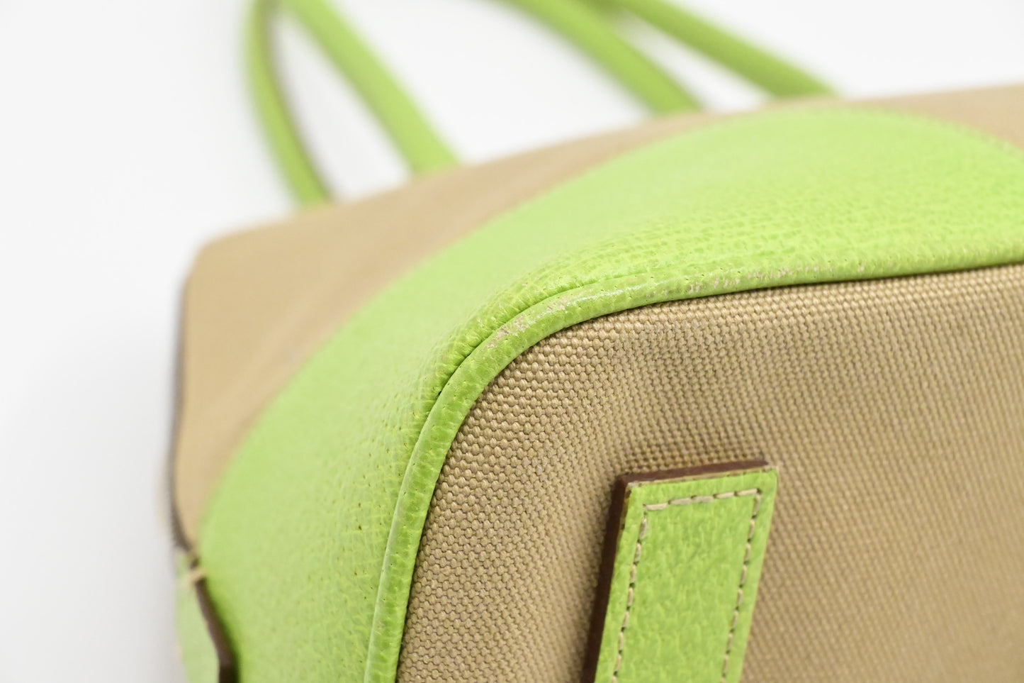 Prada Bowling Bag in Beige Canvas & Green Leather