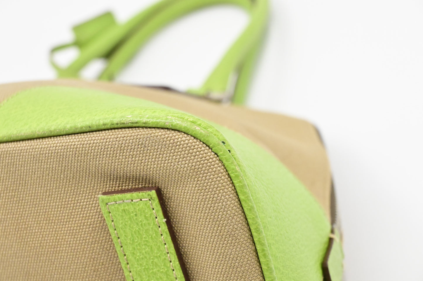 Prada Bowling Bag in Beige Canvas & Green Leather
