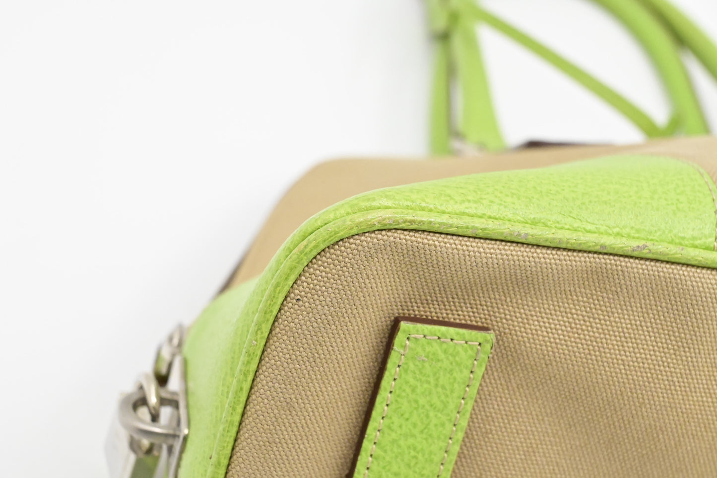 Prada Bowling Bag in Beige Canvas & Green Leather