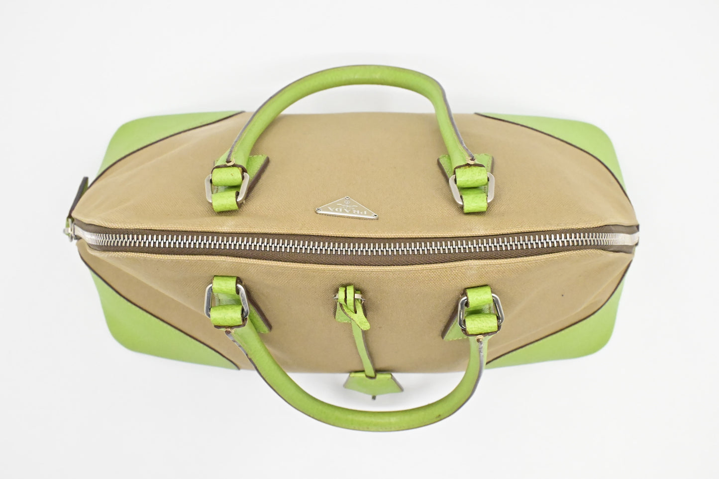 Prada Bowling Bag in Beige Canvas & Green Leather