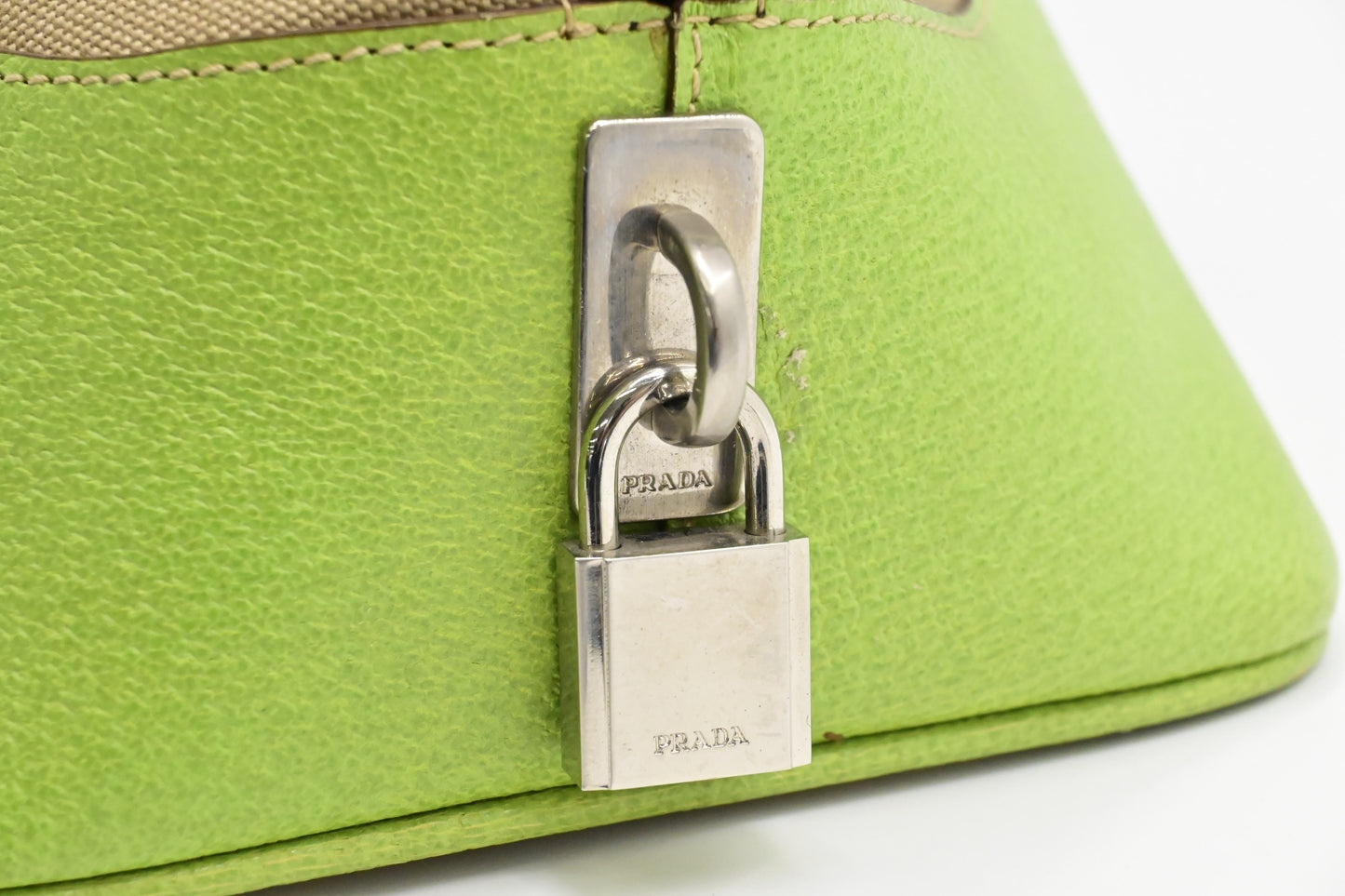 Prada Bowling Bag in Beige Canvas & Green Leather