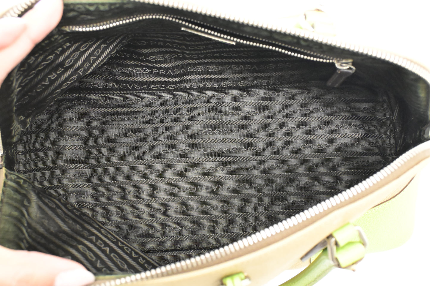 Prada Bowling Bag in Beige Canvas & Green Leather