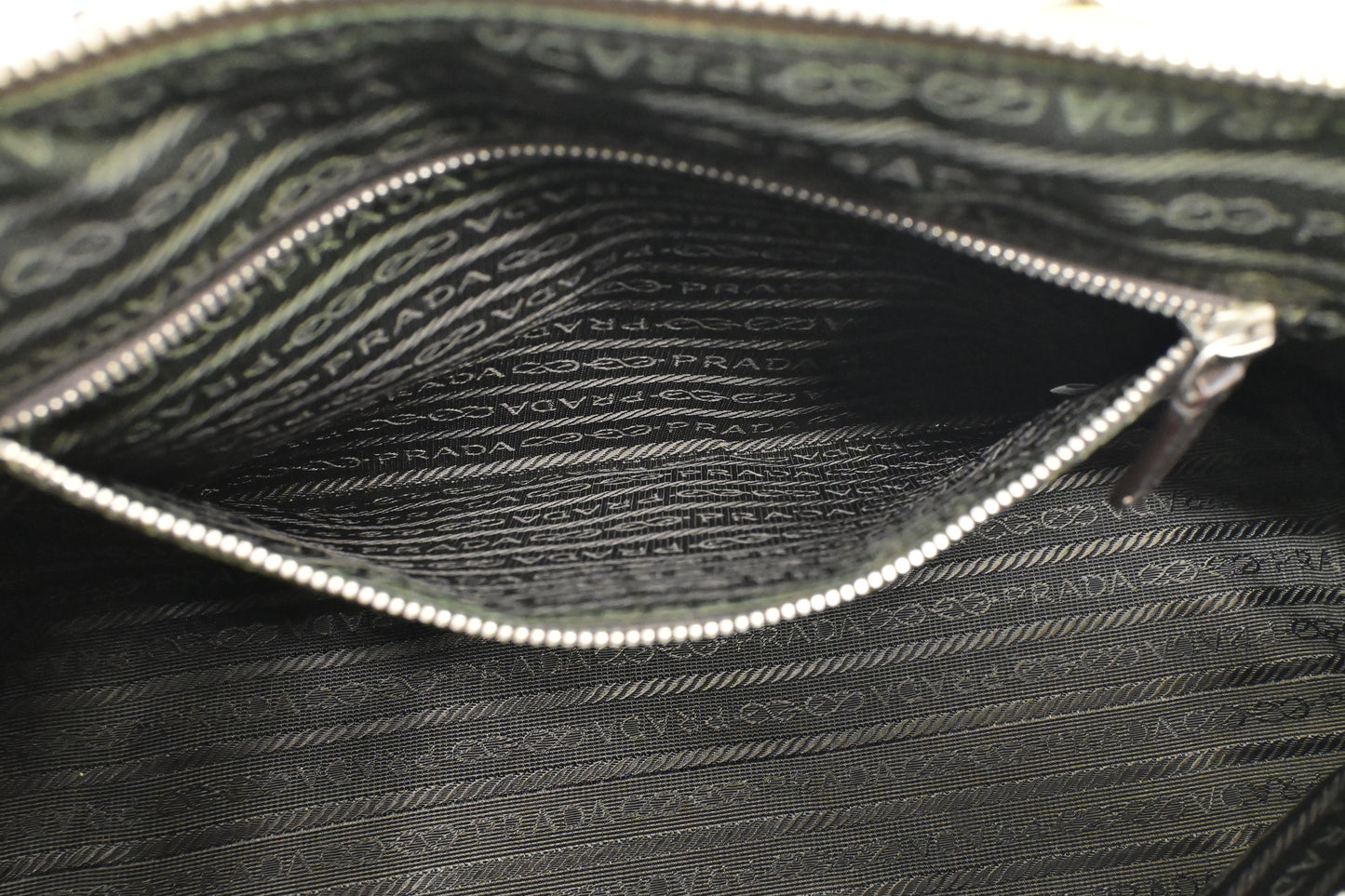 Prada Bowling Bag in Beige Canvas & Green Leather
