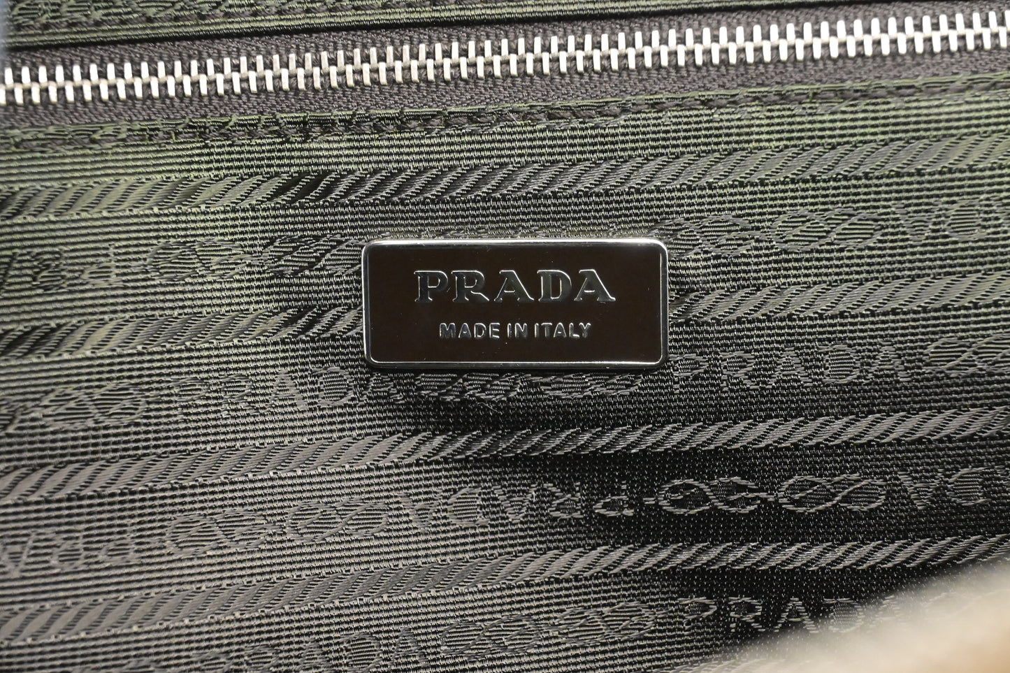 Prada Bowling Bag in Beige Canvas & Green Leather