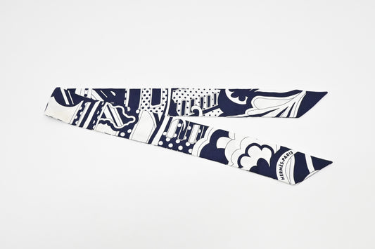 Hermes Twilly in White and Navy Blue Silk