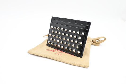 Louboutin Studded Card Case in Black Alligator Embossed Calf Leather