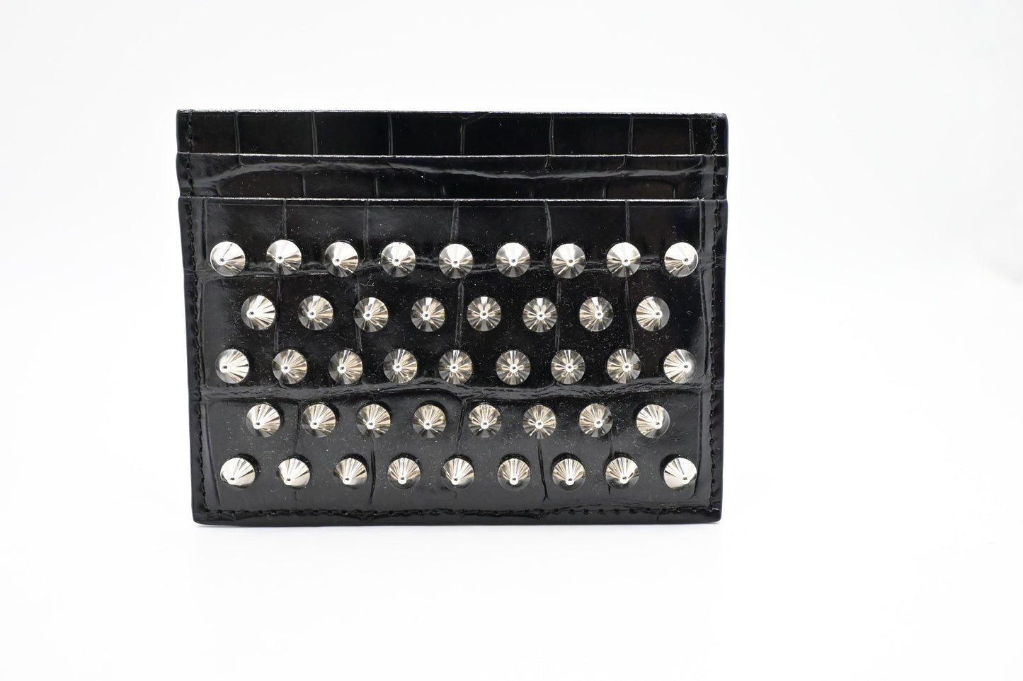 Louboutin Studded Card Case in Black Alligator Embossed Calf Leather