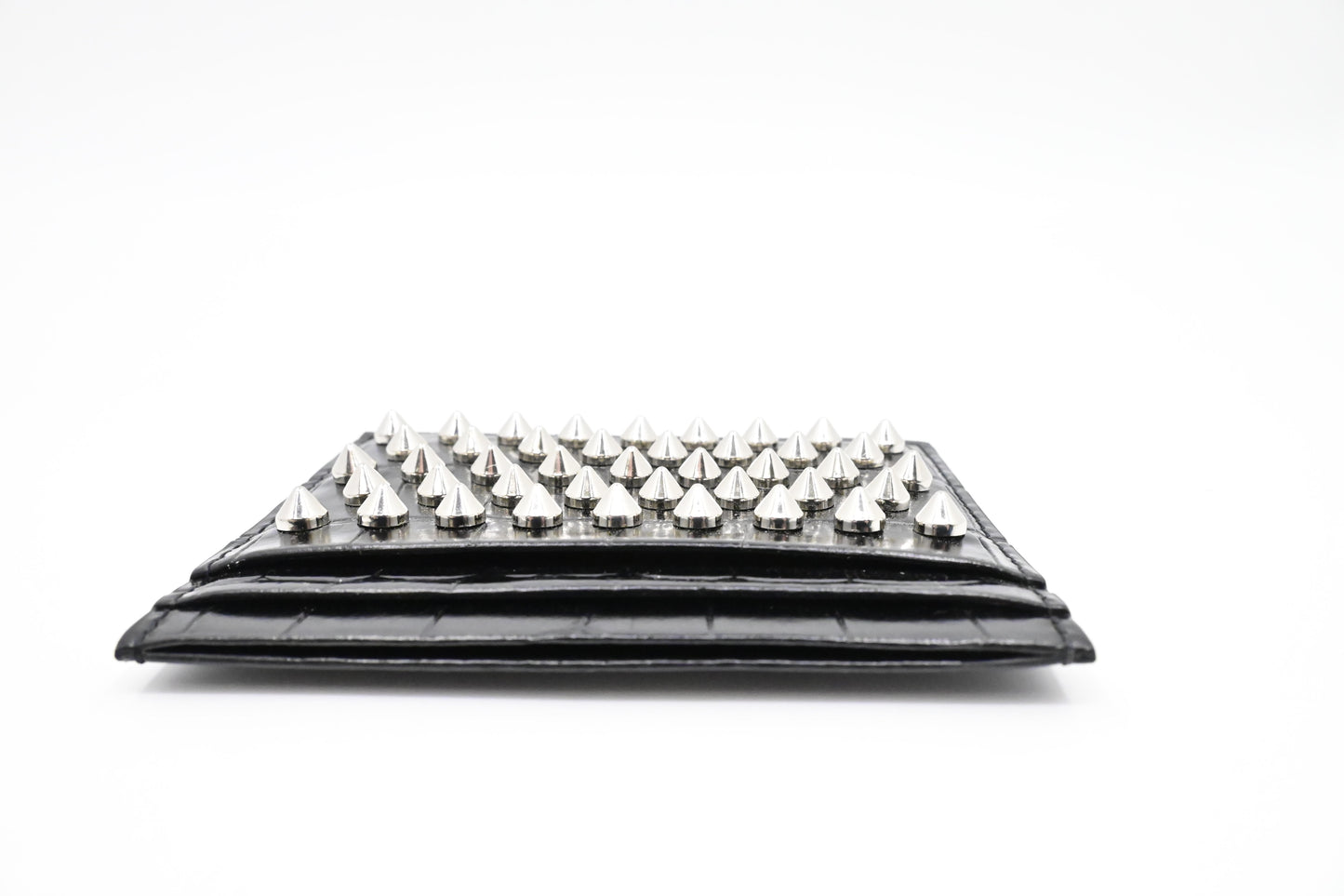 Louboutin Studded Card Case in Black Alligator Embossed Calf Leather