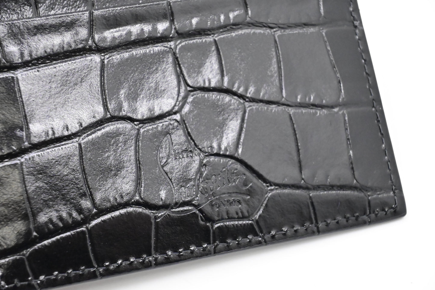 Louboutin Studded Card Case in Black Alligator Embossed Calf Leather