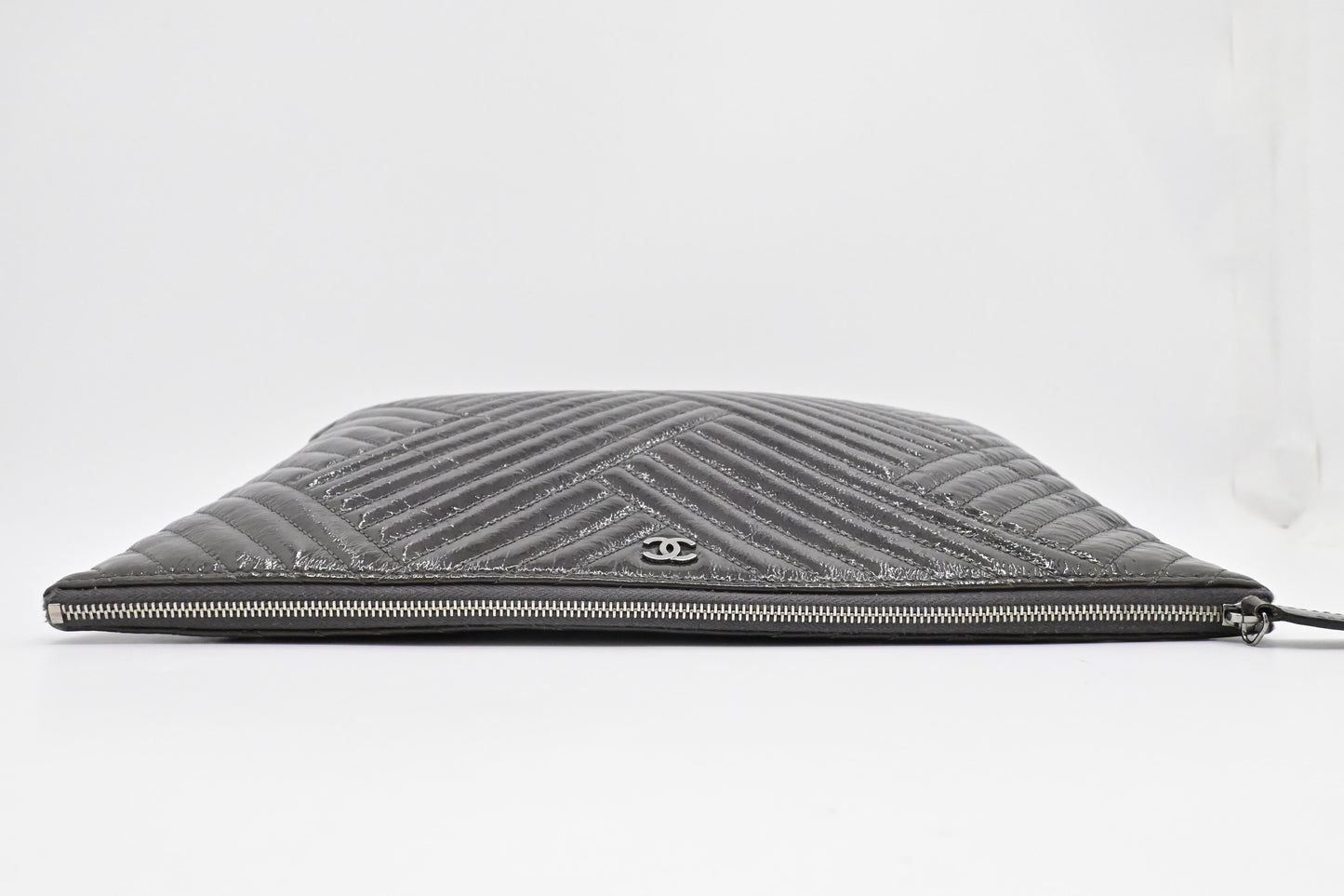 Chanel Medium O Case in Gray Patent Leather