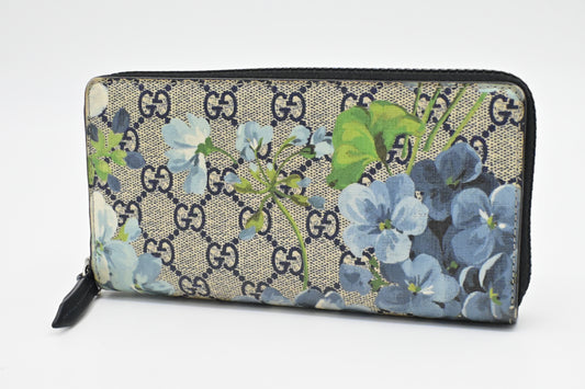 Gucci Zip Around Long Wallet in Blue Blooms GG Supreme Canvas