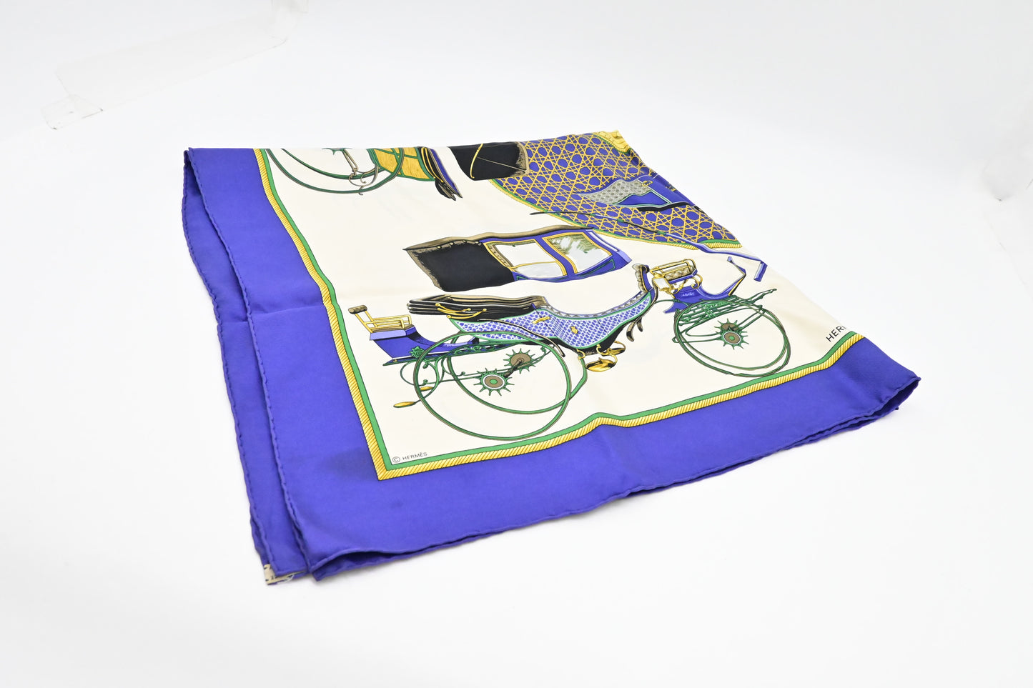 Hermes 'Les Voitures A Transformation' Carre 90 in Blue Silk