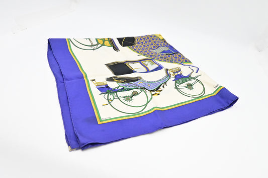 Hermes 'Les Voitures A Transformation' Carre 90 in Blue Silk