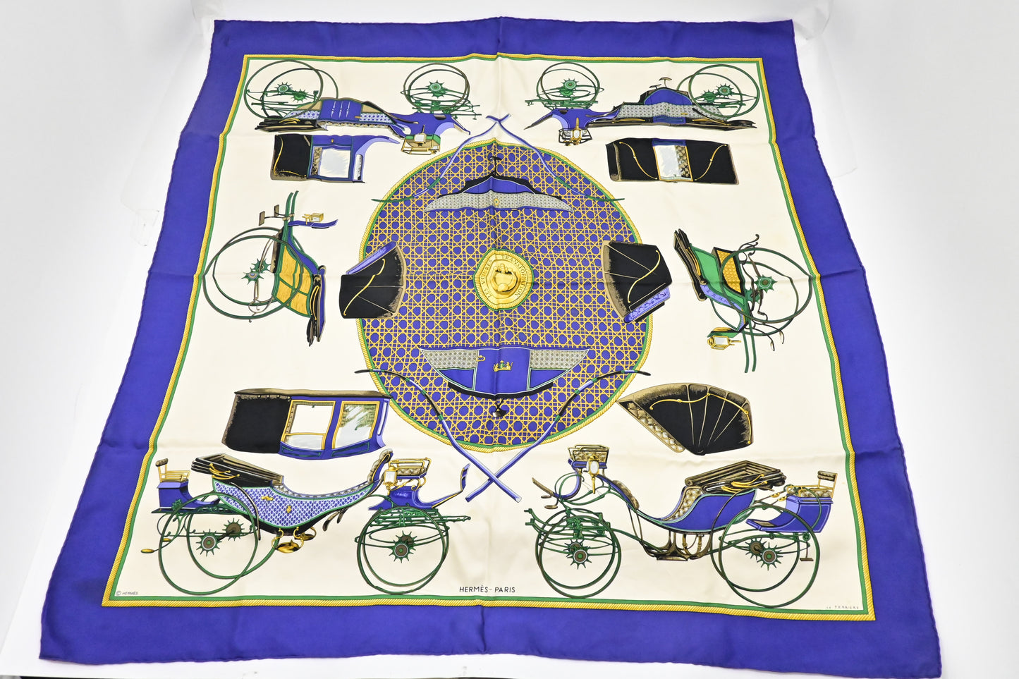 Hermes 'Les Voitures A Transformation' Carre 90 in Blue Silk